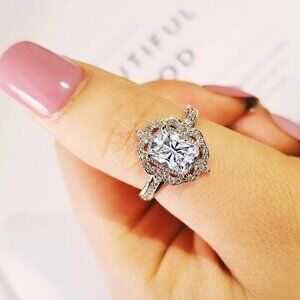 Women's CZ Emerald Cut Ring with a Cushion Setting on a Sterling Silver Band